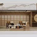 Traditional Tea House Interior With Wooden Structure Bookshelves And Circular Decoration