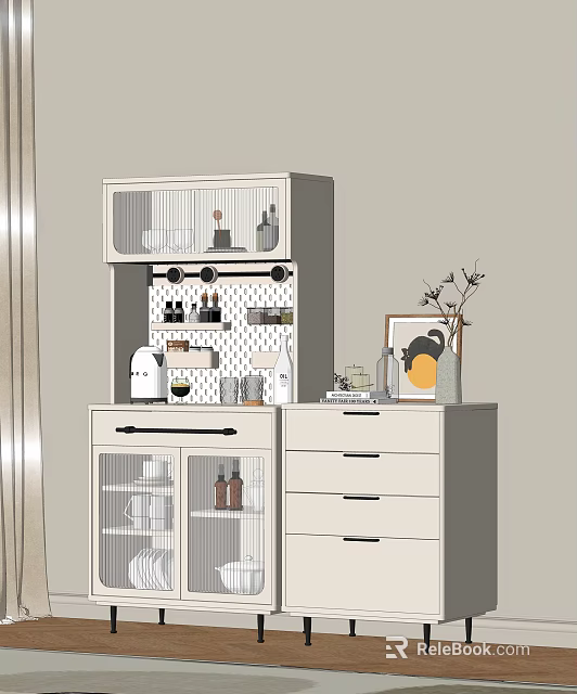 Modern Sideboard Design With Glass Door Cabinets Drawers And Decorative Bottles On Shelves 3d model 