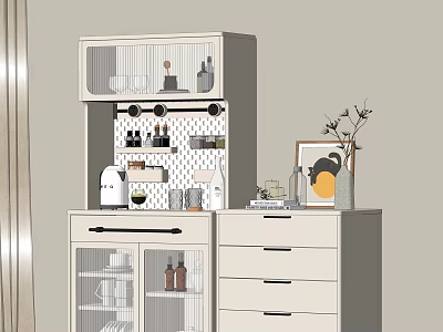 Modern Sideboard Design With Glass Door Cabinets Drawers And Decorative Bottles On Shelves 3d model