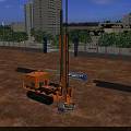 Industrial Drilling Rig At Construction Site With High Rise Buildings Traffic Cones And Blue Signage
