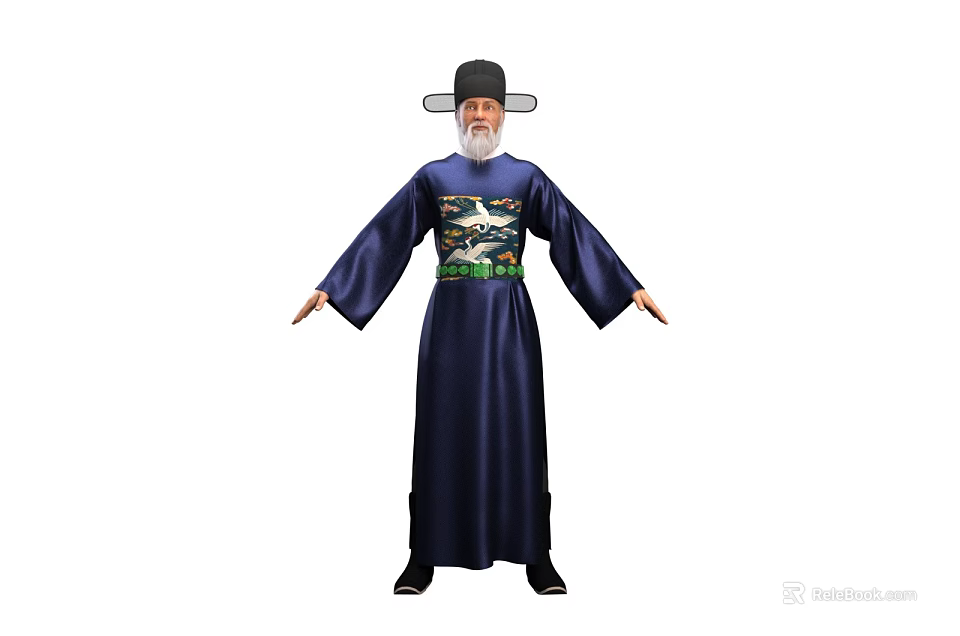 Man Wearing Traditional Blue Robe With Black Hat and Ornate Waist Decoration 3d model 