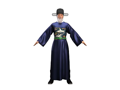 Man Wearing Traditional Blue Robe With Black Hat and Ornate Waist Decoration 3d model