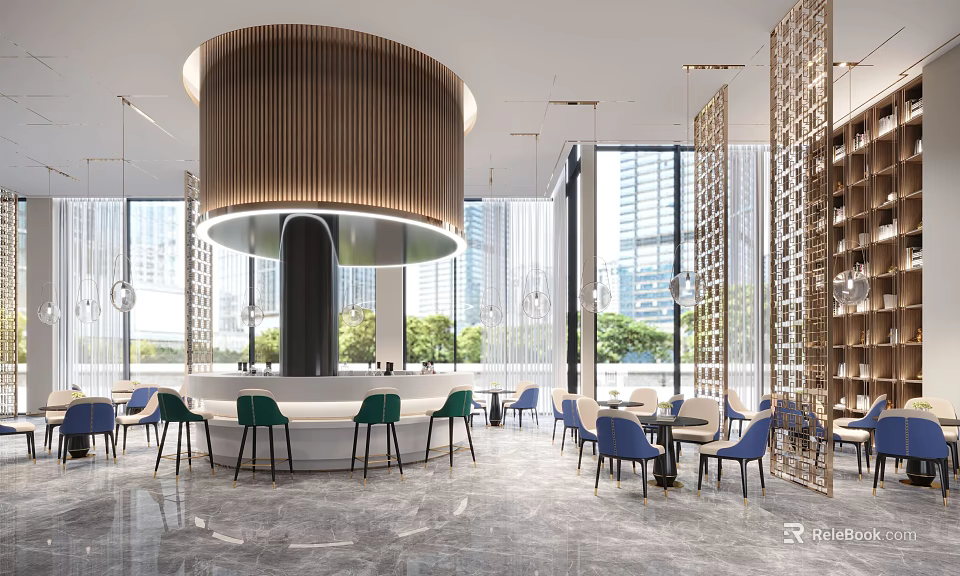 Modern Bar Featuring Green Blue Chairs Circular Wooden Light And City View Through Large Windows 3d model 