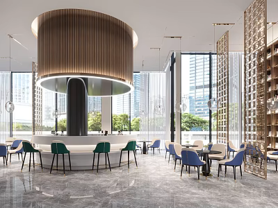 Modern Bar Featuring Green Blue Chairs Circular Wooden Light And City View Through Large Windows 3d model