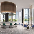 Modern Bar Featuring Green Blue Chairs Circular Wooden Light And City View Through Large Windows