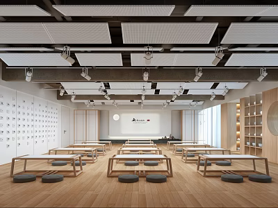 School Modern Learning Space With Long Tables Low Stools Wooden Floors Ceiling Lights And Bookshelves 3d model