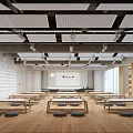 School Modern Learning Space With Long Tables Low Stools Wooden Floors Ceiling Lights And Bookshelves