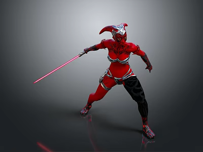 Detailed Red Armored Warrior Character In Battle Stance With Red Lightsaber 3d model