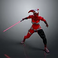 Detailed Red Armored Warrior Character In Battle Stance With Red Lightsaber