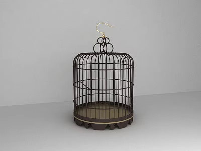 Ornamental Decoration Set Featuring Dark Brown Metal Birdcage With Decorative Base 3d model