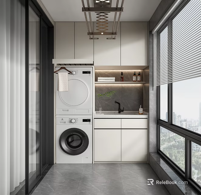 Home Balcony With Washing Machine Dryer White Cabinets Black Countertop Sink Blinds And City View 3d model 