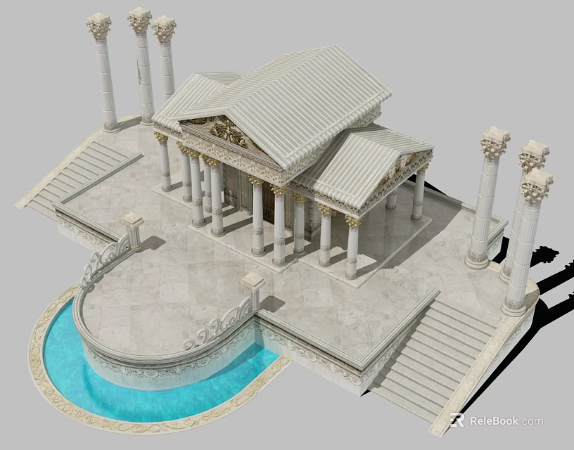 Ancient Architecture With Classical Columns Stone Roof Steps and Pool Design 3d model 