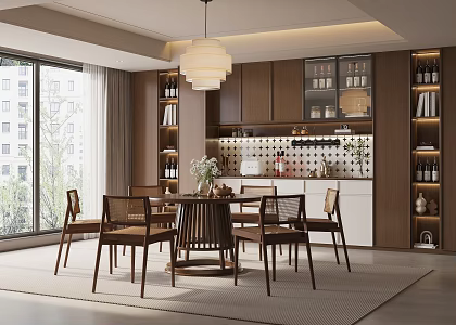 Middle Ancient Style Restaurant Dining Table and Chair Wine Cabinet Chandelier 3d model