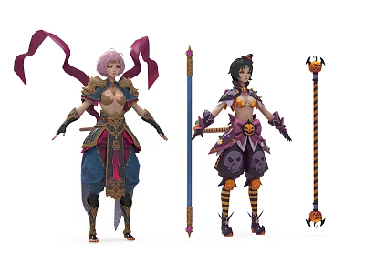 Game And Movie Characters With Pink Black Hair Ornate Costumes And Staff Weapons 3d model