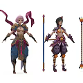 Game And Movie Characters With Pink Black Hair Ornate Costumes And Staff Weapons