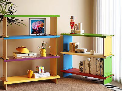 Colorful Multilayer Decorative Shelving Unit With Books Toys And Decorations In Living Room 3d model