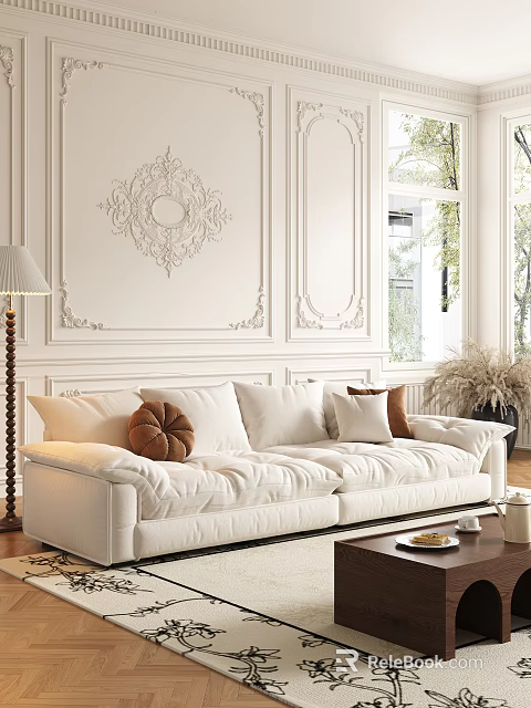 Elegant White Multi Seater Sofa With Decorative Wall Pillows Floor Lamp And Window 3d model 