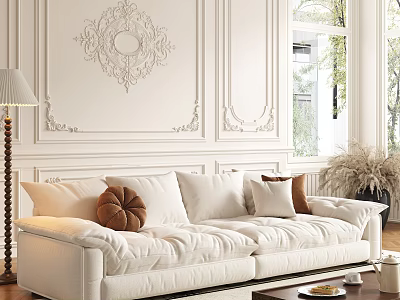 Elegant White Multi Seater Sofa With Decorative Wall Pillows Floor Lamp And Window 3d model