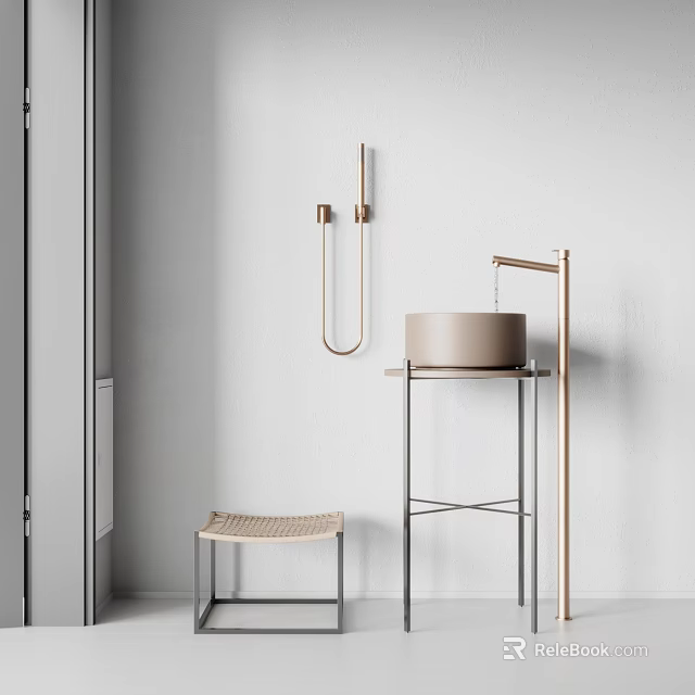 Modern Round Washbasin with Metal Stand and Woven Stool against White Wall in Minimalist Design 3d model 