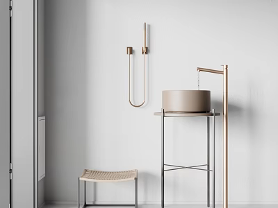 Modern Round Washbasin with Metal Stand and Woven Stool against White Wall in Minimalist Design 3d model