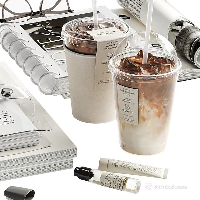 Modern Decorative Ornament Set with Iced Drink Cup Paper Notebook Stationery and Vintage Camera 3d model 