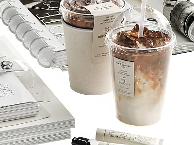 Modern Decorative Ornament Set with Iced Drink Cup Paper Notebook Stationery and Vintage Camera 3d model