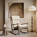 Rocking Chair With Wooden Frame White Cushion By Floor Lamp Side Table Painting And Rug