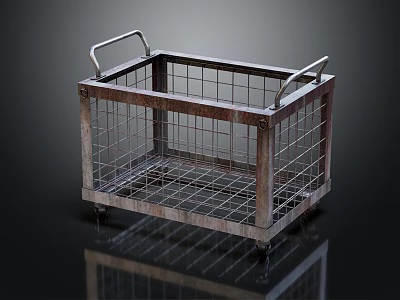 Vintage Style Decorative Storage Container with Metal Grid Wooden Frame Handles and Wheels 3d model