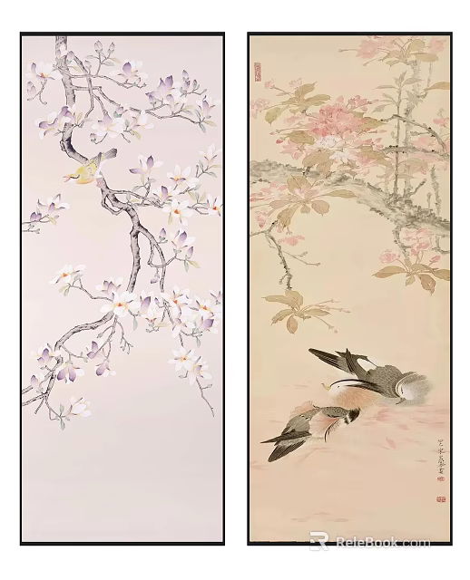 Traditional Chinese Flower and Bird Paintings With Cherry Blossom Branches and Sparrows 3d model 