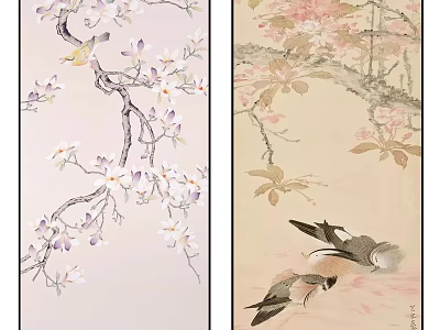 Traditional Chinese Flower and Bird Paintings With Cherry Blossom Branches and Sparrows 3d model