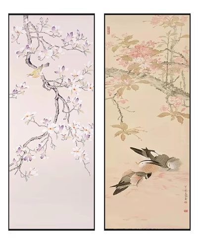Traditional Chinese Flower and Bird Paintings With Cherry Blossom Branches and Sparrows 3d model