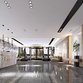 Modern Lobby Reception Desk With Sofas Decorative Walls Lighting And Marble Flooring 3d model