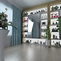 Stylish Interior Design Display Area With Decorative Shelves Green Plants And Large Mirror