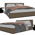 Modern Double Bed With Gray Frame And Brown Gray Bedding And Black Side Table 3d model