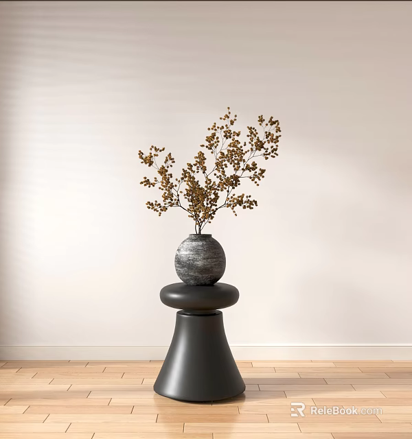 Gray Decorative Vase With Brown Branches On Black Pedestal In Modern Interior With Light Wall 3d model 