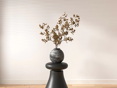 Gray Decorative Vase With Brown Branches On Black Pedestal In Modern Interior With Light Wall 3d model
