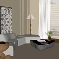 Modern White Sofa and Black Coffee Table Set with Floor Lamp Decorative Painting and Plants