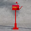 Red Commercial Postbox With POST Sign Against Gray Brick Wall And Ground 3d model