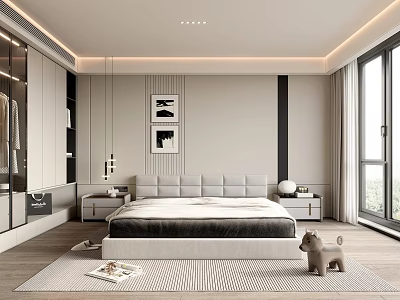 Modern Bedroom Interior Design With Grey Headboard Bed Open Wardrobe And Wall Art 3d model