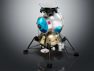 Realistic Lunar Lander Spacecraft Model With Silver Gold Body Blue Windows And Landing Legs 3d model