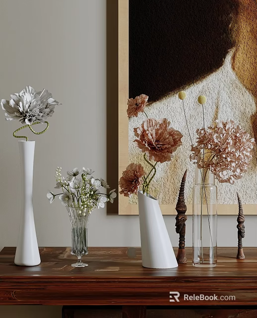 Elegant Modern Interior Decor With White Copper Flowers In Glass Ceramic Vases 3d model 