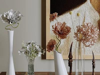 Elegant Modern Interior Decor With White Copper Flowers In Glass Ceramic Vases 3d model