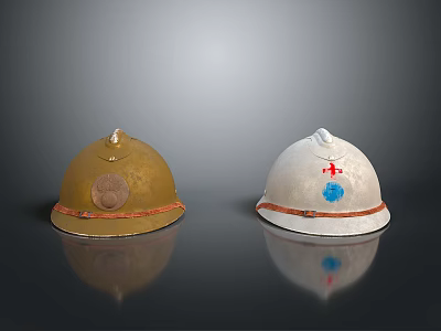 Golden And White Helmets With Badge Red Band Red Cross And Blue Emblem 3d model