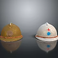 Golden And White Helmets With Badge Red Band Red Cross And Blue Emblem