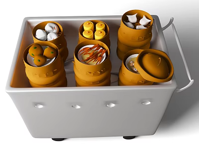 Tableware Set With Yellow Bamboo Steamers On White Trolley For Dim Sum 3d model