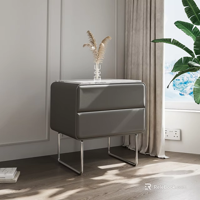 Modern Gray Leather Bedside Table With Metal Legs And Dried Flowers Vase 3d model 