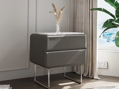 Modern Gray Leather Bedside Table With Metal Legs And Dried Flowers Vase 3d model