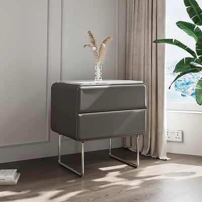 Modern Gray Leather Bedside Table With Metal Legs And Dried Flowers Vase 3d model