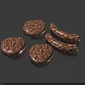 Appetizing Fresh Juicy Hamburger Patties and Sausages with Textured Surface on Dark Background