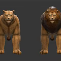 Two Standing Wooden Lion Sculptures With Detailed Carvings And Realistic Features